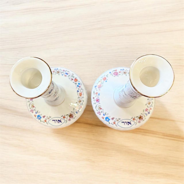 Set of 2 Lenox L' Chaim Sabbath Candlesticks Ivory Porcelain 24k Gold For Sale - Image 10 of 12