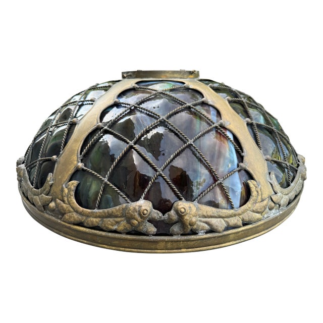 1960s Tiffany-Style Iridescent Glass & Bronze Turtleback Tile 26" Shade (Shade Only) For Sale