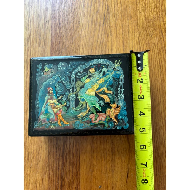 Black Vintage Hand-Painted Lacquer Table Box - "Sadko in the Underwater Kingdom" For Sale - Image 8 of 10