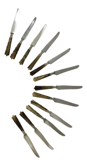Set of 12 French Horn, Sterling and Steel Knives