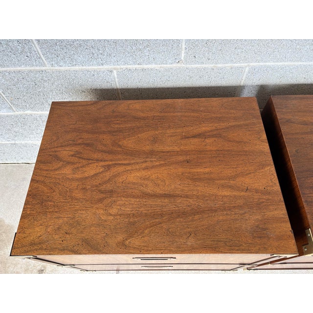 Wood Mid 20th Century Lane Furniture Campaign Style 2 Drawer Walnut Nightstands - A Pair For Sale - Image 7 of 12
