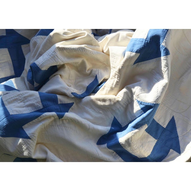 Off-white Early 20th C Hand-Quilted Blue and White Churn Dash Quilt For Sale - Image 8 of 9