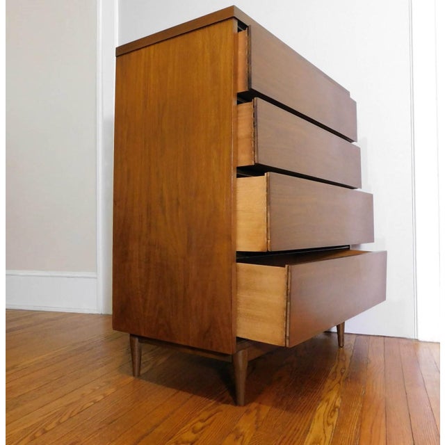 Mid Century Modern Stanley Sculpted Walnut 4 Drawer Tallboy Bureau