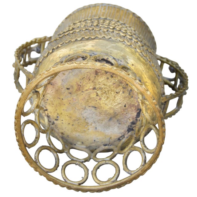 Metal Mid 20th Century Handcrafted & Engraved Brass Bowl W/ Ornate Handles For Sale - Image 7 of 7