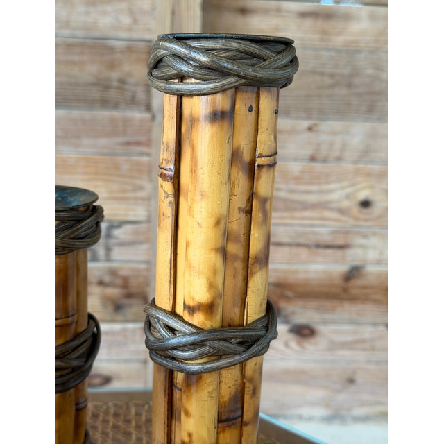 Late 20th Century Set of Three Vintage Scorched Bamboo and Rattan Wrapped Candlesticks For Sale - Image 5 of 12