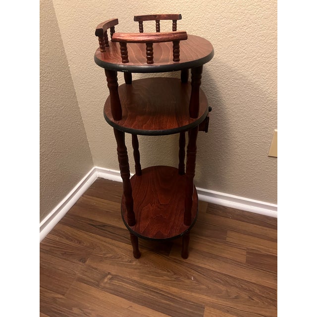 Vintage Solid Wood 3-Tier Round Accent Table W/ Drawer – Early American Colonial Style For Sale In Las Vegas - Image 6 of 9