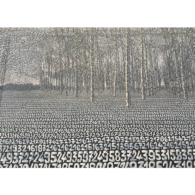 Framed Italian lithograph "Cuore di fiamma Bianca" by Tobia Rava. Landscape with numbers. Galleria D Arte L Occhio,...