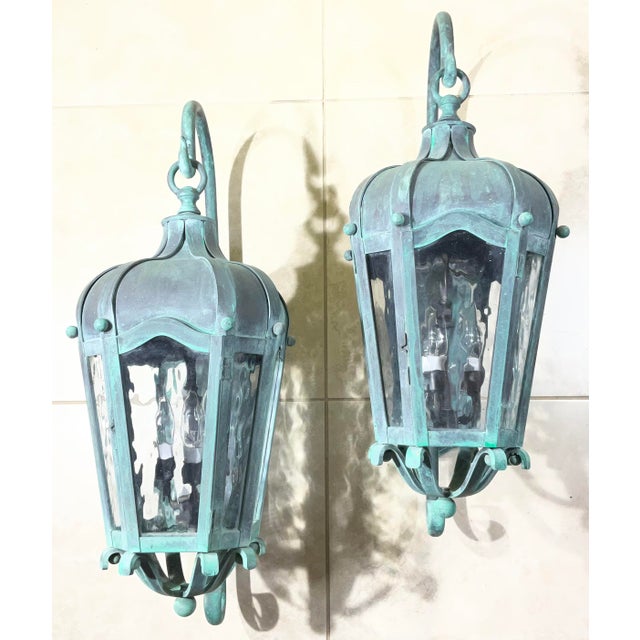 Pair of Vintage Large Solid Brass Outdoor Wall Lanterns For Sale - Image 16 of 17