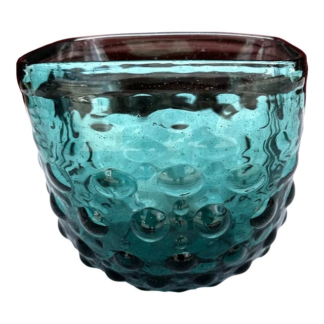Vintage Teal Blue Empoli Hand Blown Hobnail Square Bowl For Sale