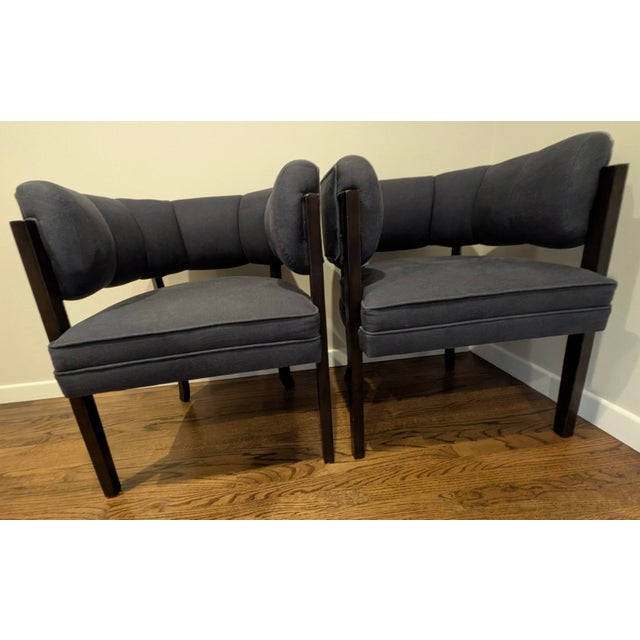 Directional Carmel chairs by designer Larry Laslo, items are unmarked. Upholstered with Robert Allen Navy Linseed fabric....