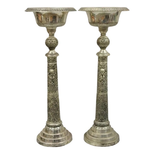 French Renaissance Silver Plated Tall Ornate Compote Centerpiece Dish Bowl Pair For Sale