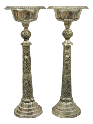 French Renaissance Silver Plated Tall Ornate Compote Centerpiece Dish Bowl Pair