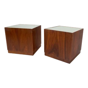 Cube Shape Walnut Mid-Century Modern End Side Occasional Tables Stands - A Pair