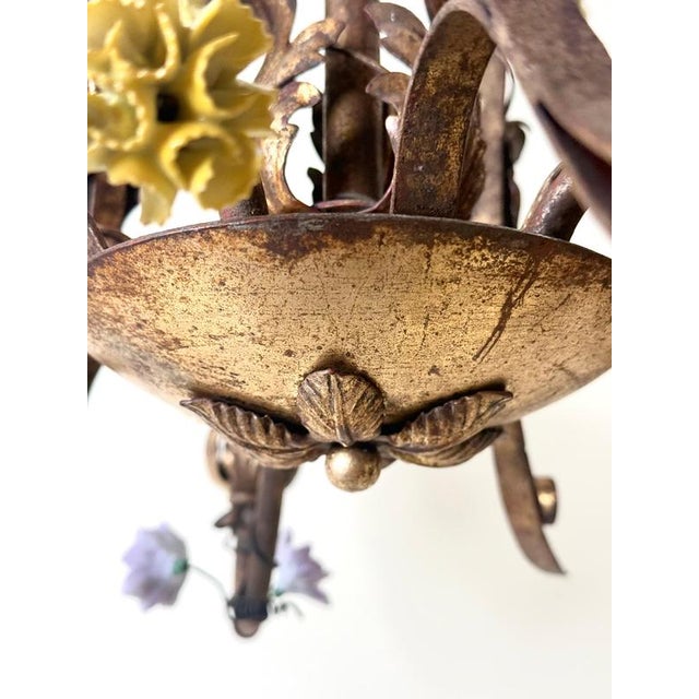 Italian Gilt Iron Five-Light Chandelier with Porcelain Flowers, 1930 For Sale - Image 12 of 18