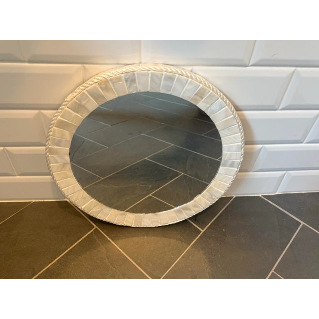 White Oyster Shell Inlay Round Mirror, as in Bone Mirror; For Wall or TableTop, Handmade For Sale In New York - Image 6 of 12