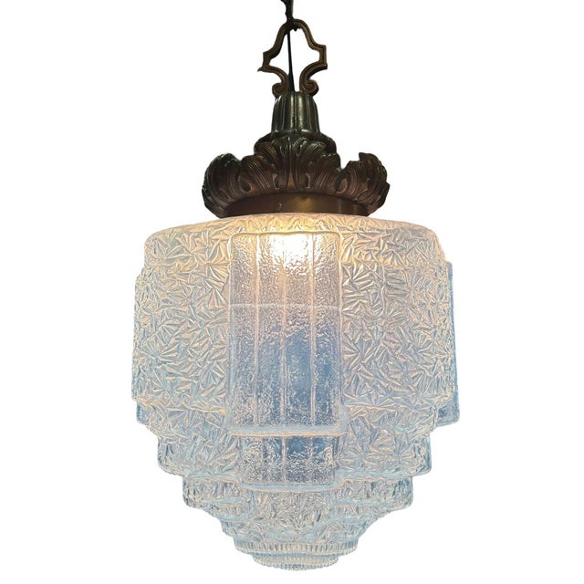 Art Deco Copper Acanthus Leaf Pendant Light W Skyscraper Cobalt Blue Glass Shade For Sale - Image 4 of 9
