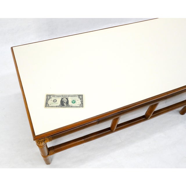 Mid Century c1970s Rattan Bamboo White Formica Top 72” Long Coffee Table MINT For Sale - Image 14 of 15