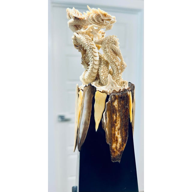 Mid 20th Century Mid 20th Century Dragon Sculpture Featuring Carved Fossil Walrus Material Figure, Mounted on a Decorative Pedestal Display. For Sale - Image 5 of 10