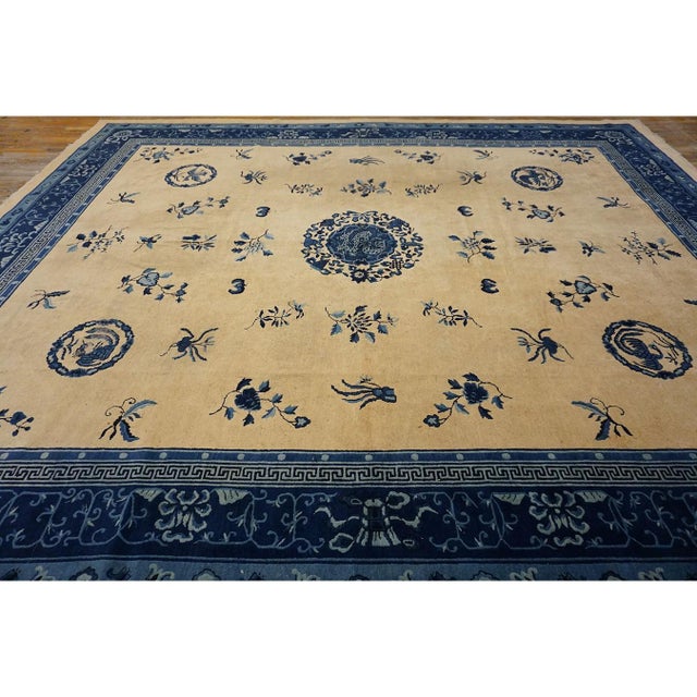 Classic Beige Greek Key Medallion Antique Wool Chinese Peking Ivory 1920s Rug For Sale - Image 4 of 6