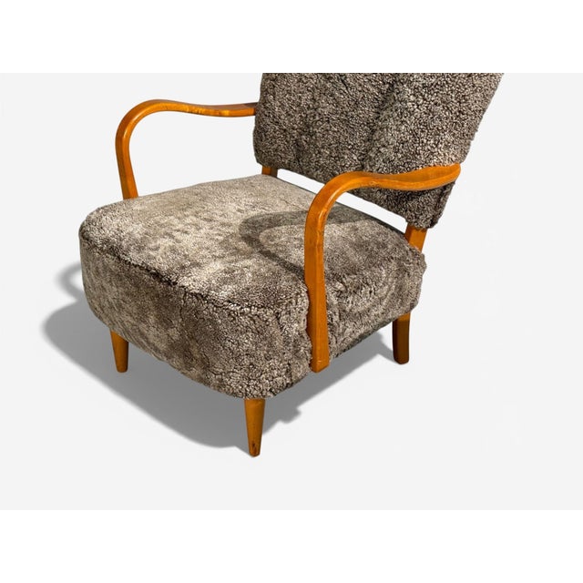Gray Swedish Modern, Lounge Chairs, Elm, Gray Shearling, Sweden, 1940s For Sale - Image 8 of 11