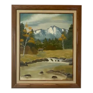 Mid-Century Rustic Americana Elk Wildlife & Scenic Mountain Steam Oil Painting, Signed J. Dirks