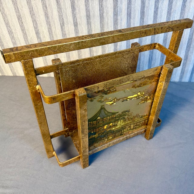 Mid 20th Century Hollywood Regency Italian Gold Gilt Magazine Rack With Chinoiserie Panels For Sale - Image 4 of 10