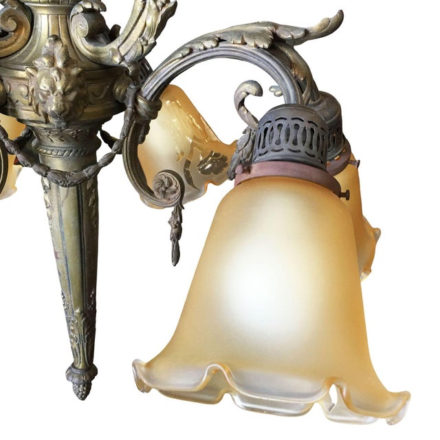 1900s Louis XVI Style Scrolling Bronze Belle Époque Six-Light Chandelier W/ Shades For Sale - Image 15 of 15