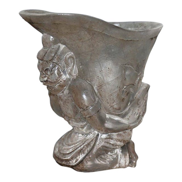 1940s Chinoiserie Hand Carved Liuli Glass Figural Wine Cup, Kneeling Beauty Sculpture, Decorative Libation Vessel For Sale