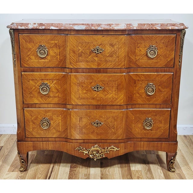 Pair Vintage Louis XV French Style Bronze Mounted Marble Top Chest Commodes For Sale - Image 4 of 16