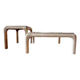 Vintage 1970's Split Reed Waterfall Coffee Table With Glass Top & Matching End Table For Sale