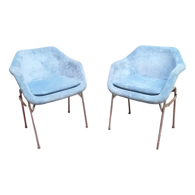 Set of Blue Upholstery and Chrome Armchairs, 1970s For Sale