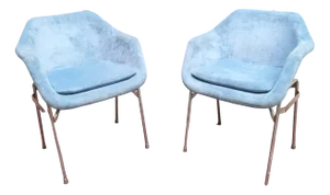 Set of Blue Upholstery and Chrome Armchairs, 1970s