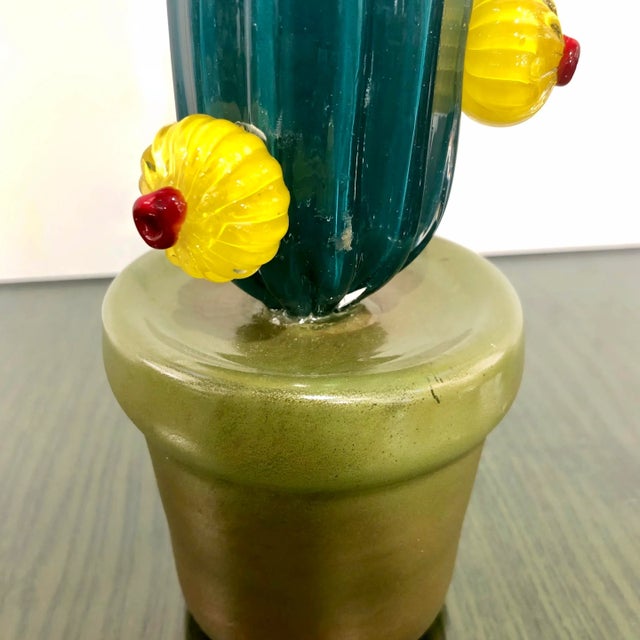 Contemporary 2000s Italian Teal Gold Green Murano Art Glass Cactus Plant With Yellow Flowers For Sale - Image 3 of 13