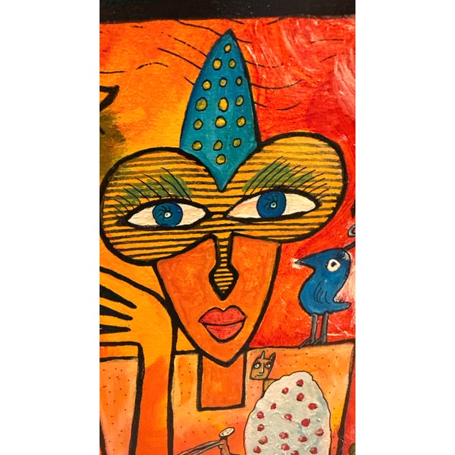 Orange Signed 1996 Zbyszek Kozioł “Madman’s Wife” Outsider Art Mixed Media Painting For Sale - Image 8 of 9