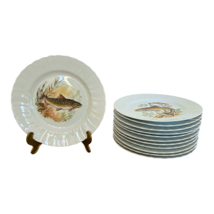 Limoges Porcelain Fish Plates Set for 12, Hand-Painted Freshwater Fish, France Circa 1930