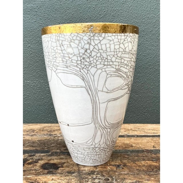 Mid-Century Modern Vintage Italian Gold Rimmed Crackle Ceramic Vase For Sale - Image 3 of 12