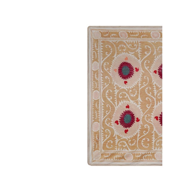 Mid-Century Modern Beige Uzbek Suzani Rug – Red Teal Floral Embroidery – Boho Handmade Textile 7'5'' X 10'3'' For Sale - Image 3 of 15