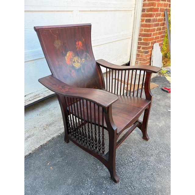 Antique American Empire Style Bentwood & Spindle Floral Hand Painted Back Library Armchair For Sale - Image 17 of 18