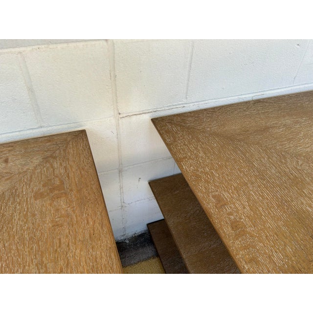 Original retail $3594, stylish Revelation Modern Cersued Oak Stash it Side Table Pair, three tiers, showroom floor samples