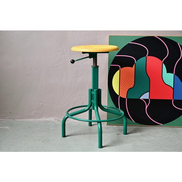 Industrial Adjustable Workshop Stool in Green Metal and Yellow Wood, 1960s For Sale - Image 9 of 9