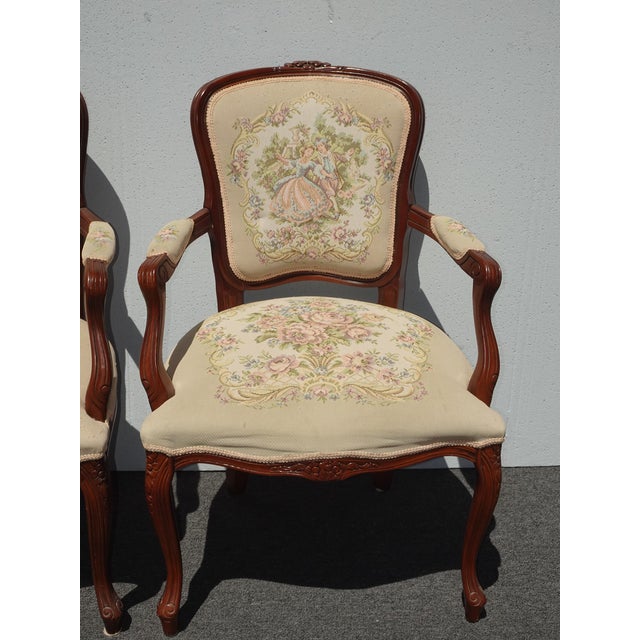 1970s Pair of Vintage French Louis Style Tapestry Arm Chairs For Sale - Image 5 of 18