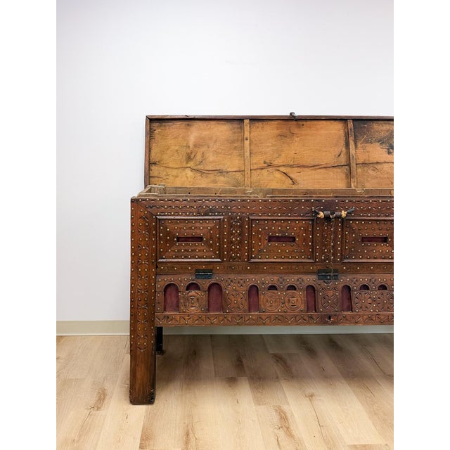 Antique Indian Dowry Chest 19th Century Brass Studs Iron Medieval Style Console For Sale - Image 9 of 12