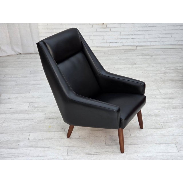 Mid-Century Modern Danish Highback Armchair in Black Leatherette and Teak, 1970s For Sale - Image 3 of 18