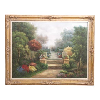 Large Hand Painted Oil Painting on Canvas Outdoor Garden Scene For Sale