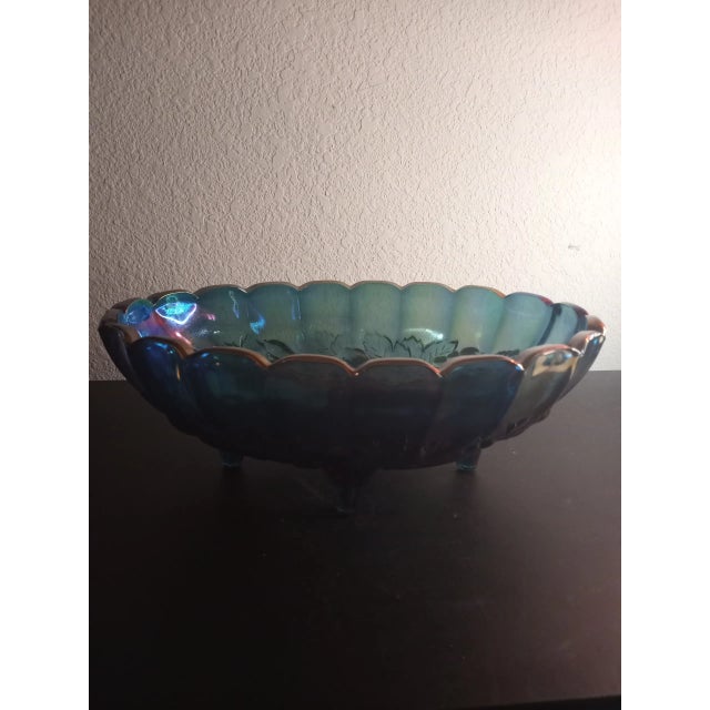 Glass 1940s Indiana Carnival Glass Iridiscent Harvest Pattern Footed Oval Bowl For Sale - Image 7 of 8