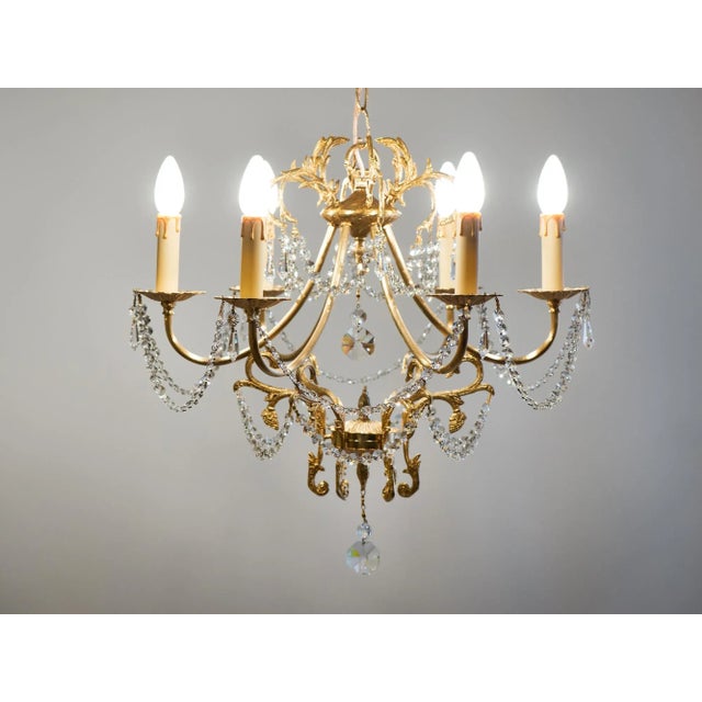 Brass 1970s Spanish Hollywood Regency Brass 6-Light Chandelier With Crystals For Sale - Image 8 of 13