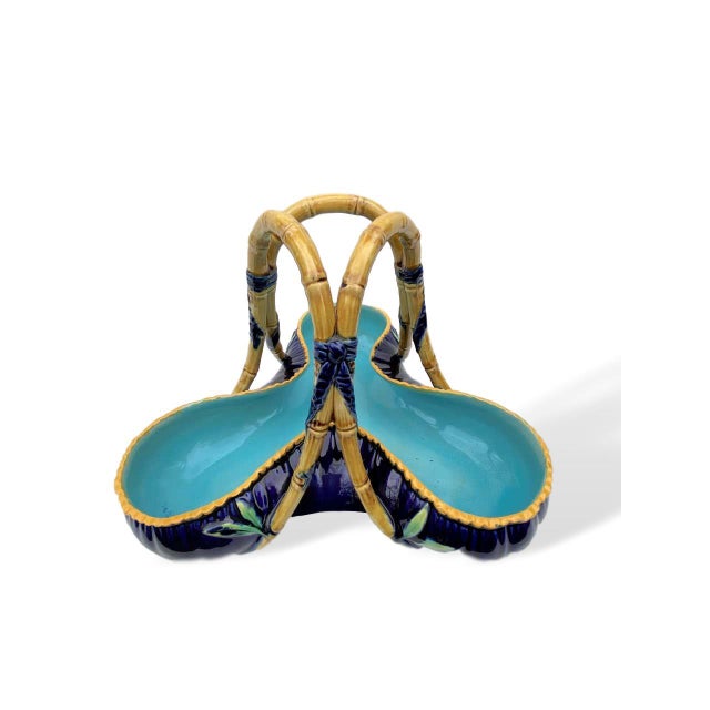 George Jones Majolica large 'Rose Basket' 9.5-in wide in cobalt blue, circa 1872. Impressed British Registry mark stamp to...