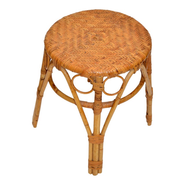 Vintage Bohemian Blonde Bamboo and Rattan Stool For Sale