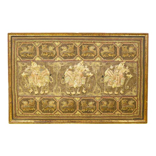 Burmese Kalaga Tapestry Embroidered with Elephants in a Golden Frame, 2000s For Sale