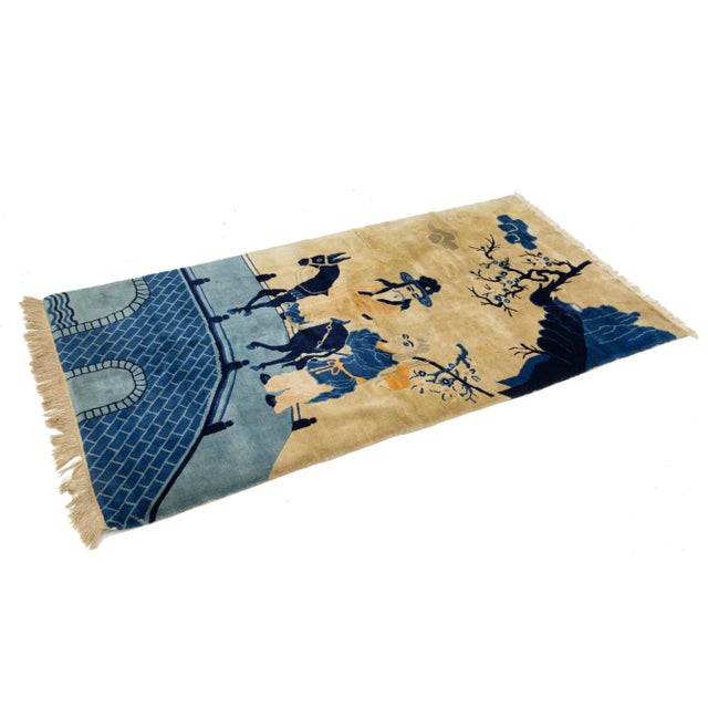 Chinese Blue & Tan Chinese Antique Peking Handmade Wool Rug With Pictorial Design For Sale - Image 3 of 8